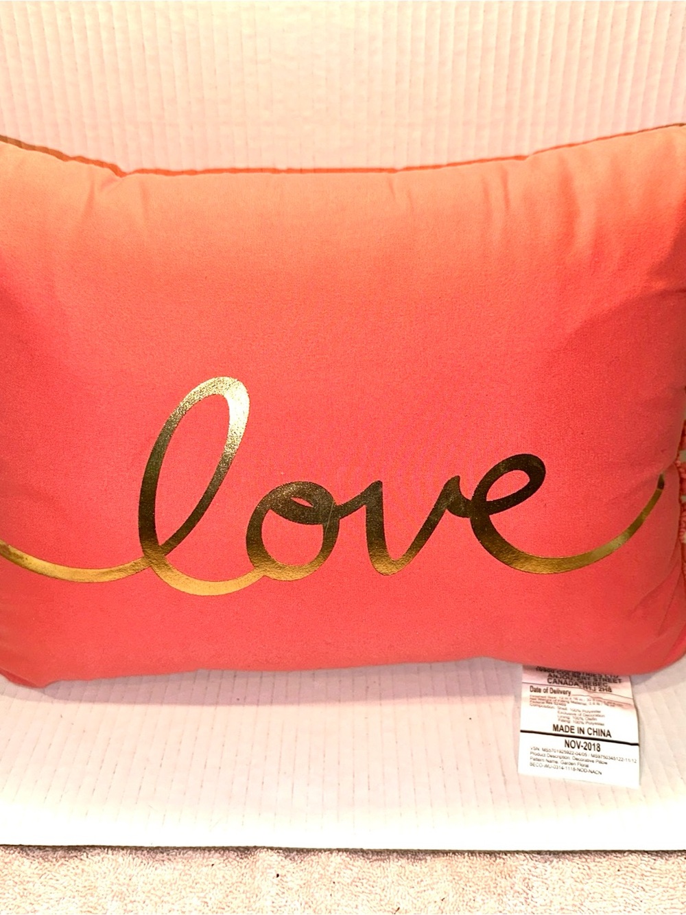 Coral Peach Pillow with Gold "Love" Script 12x16